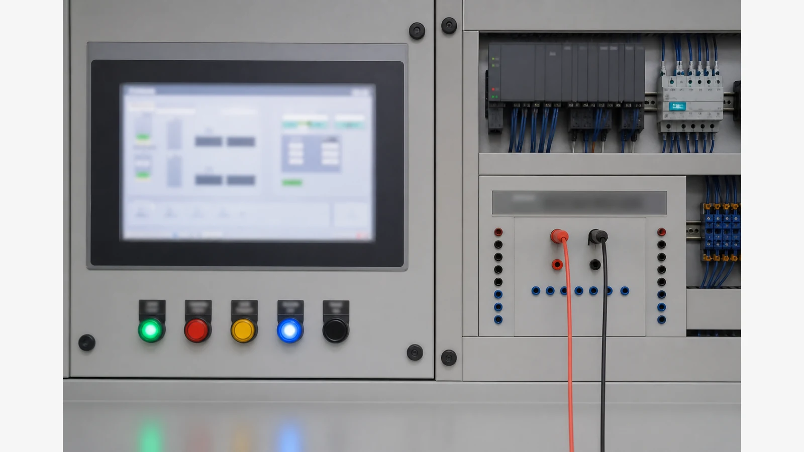 Panel builder injecting 0-10 volt test points into a PLC analogue input during FAT