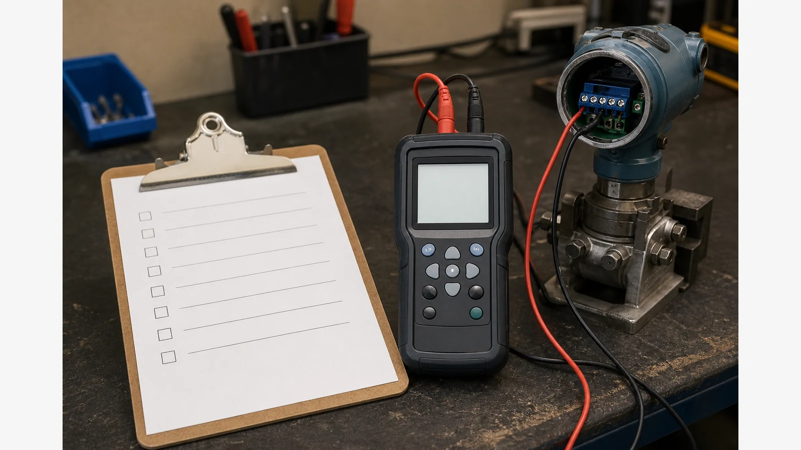 Field checklist next to a handheld HART host on a process transmitter loop