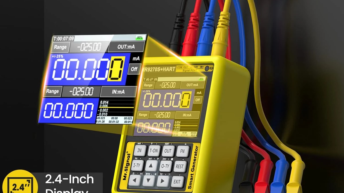 MR9270S+ HART handheld process signal generator with its colour display and test terminals