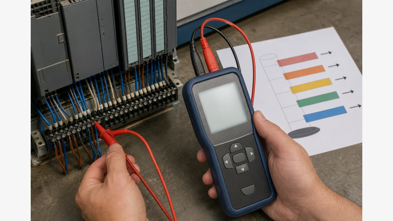 Technician injecting out-of-band milliamps into a PLC analogue input for NE43 fault proving