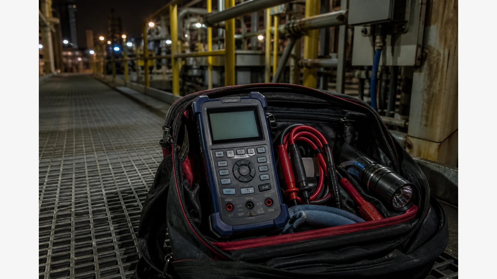 Night-shift maintenance bag with a portable process calibrator and test leads